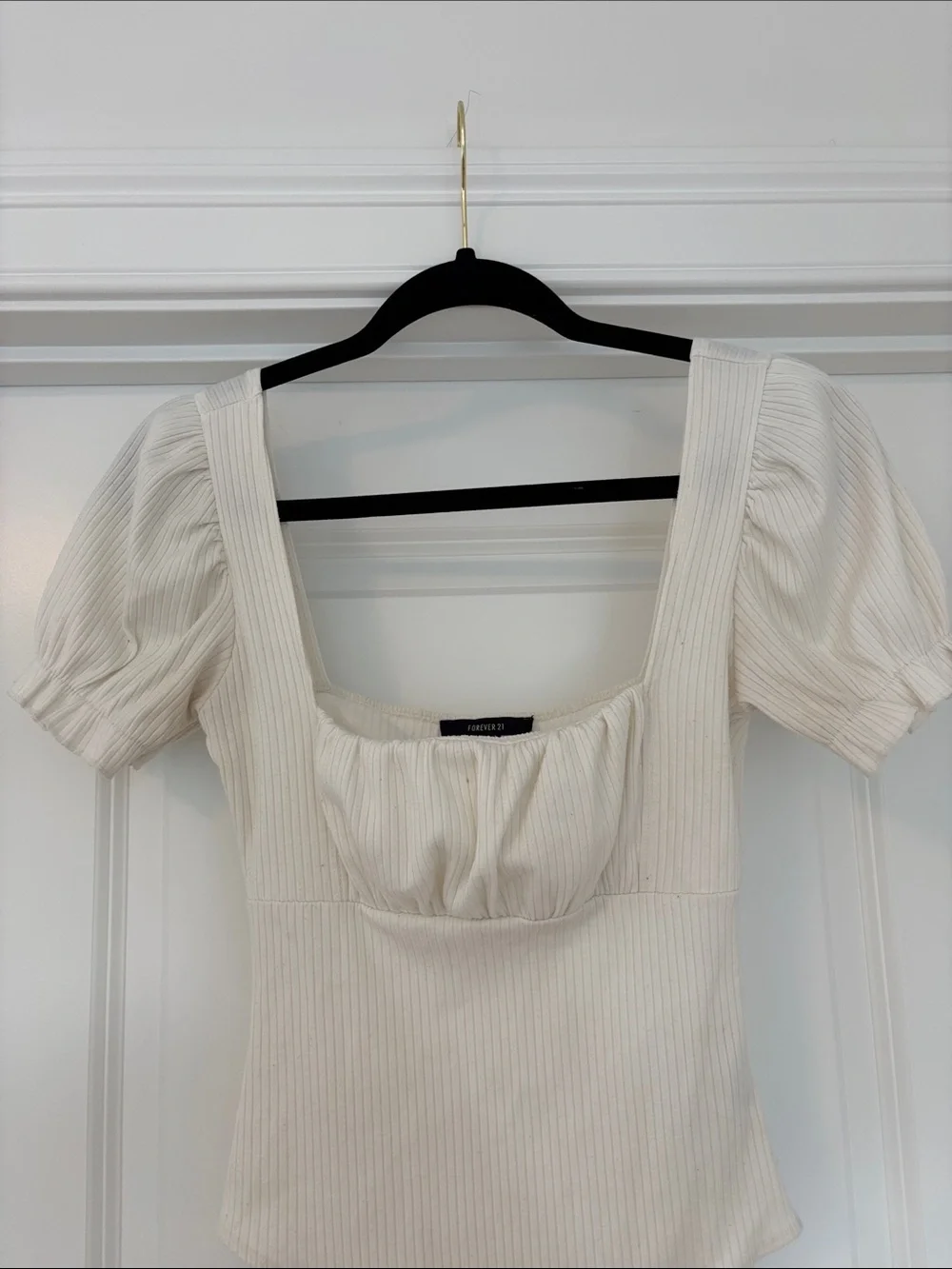 Forever 21 Off-White Ribbed Square Neck Bodysuit with Puff Sleeves - Picture 5 of 8